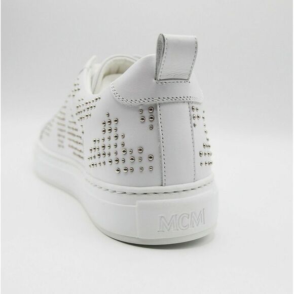 MCM Women's White Leather Silver Studded Sneaker (37 US 7)